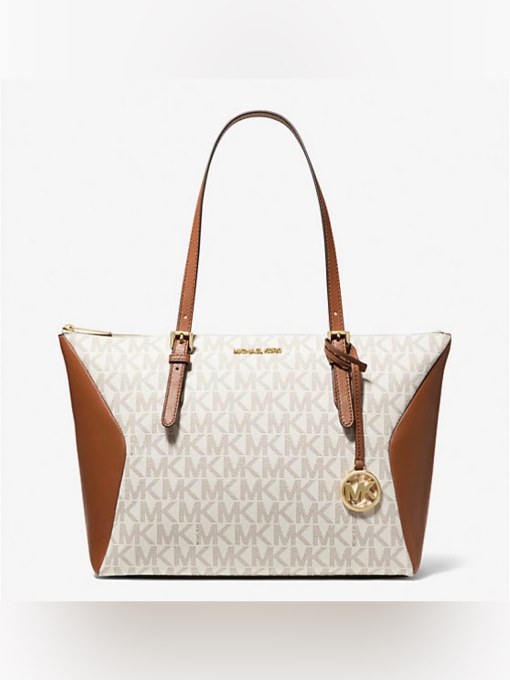 New Michael Kors Coraline Large Logo and Leather Tote Shoulder Bag Vanilla